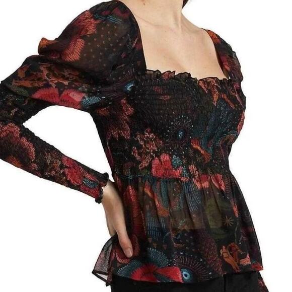 FARM Rio NWT Black River Creatures Smocked Floral Chiffon Sheer Blouse XS - Picture 1 of 10